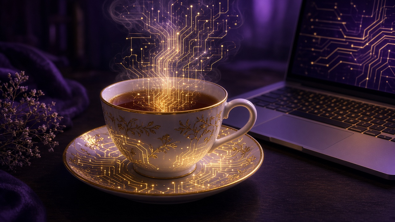 A glowing teacup with golden circuit lines rising from it beside a laptop