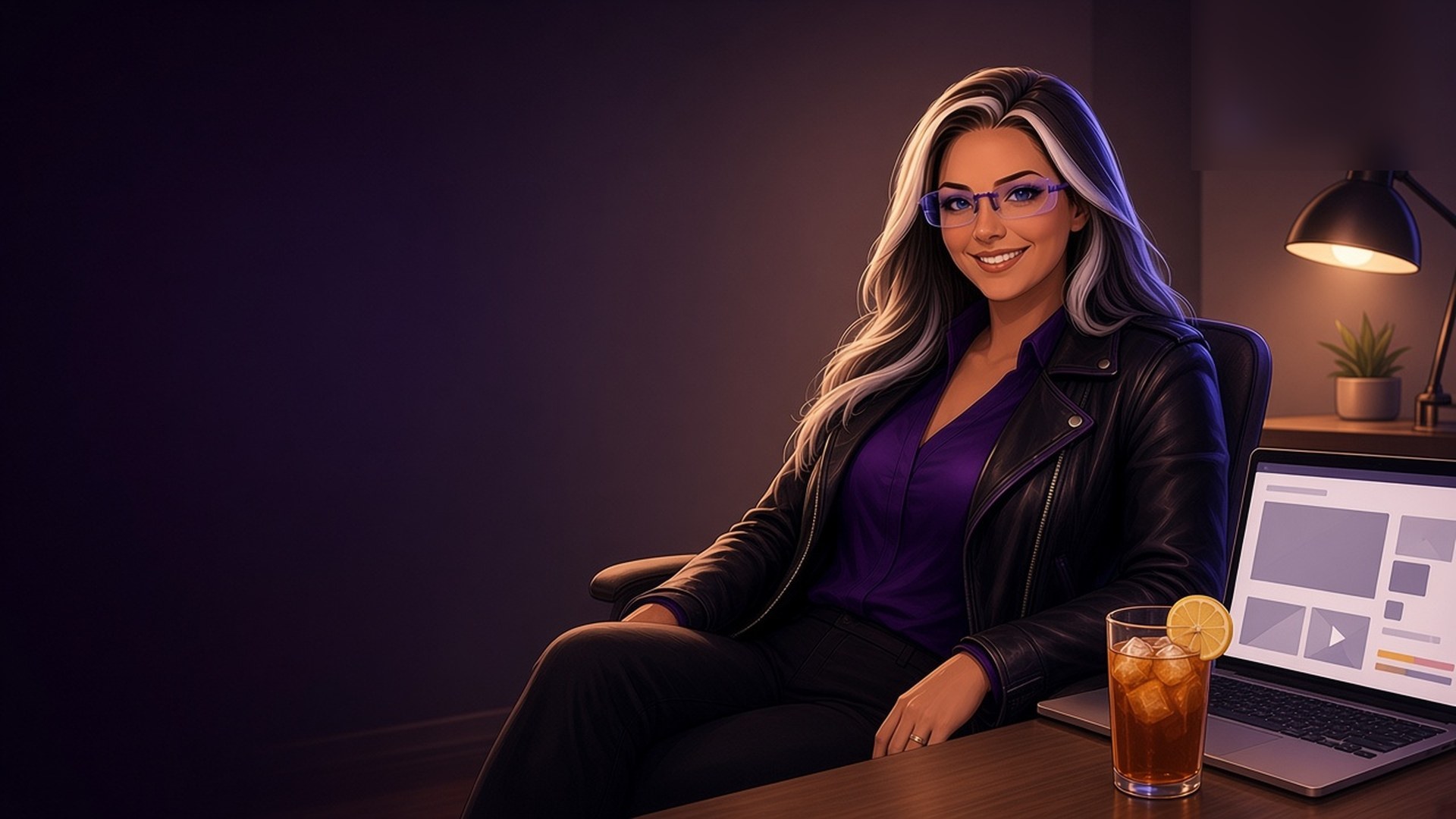 Monica at her desk with a laptop and a glass of iced sweet tea