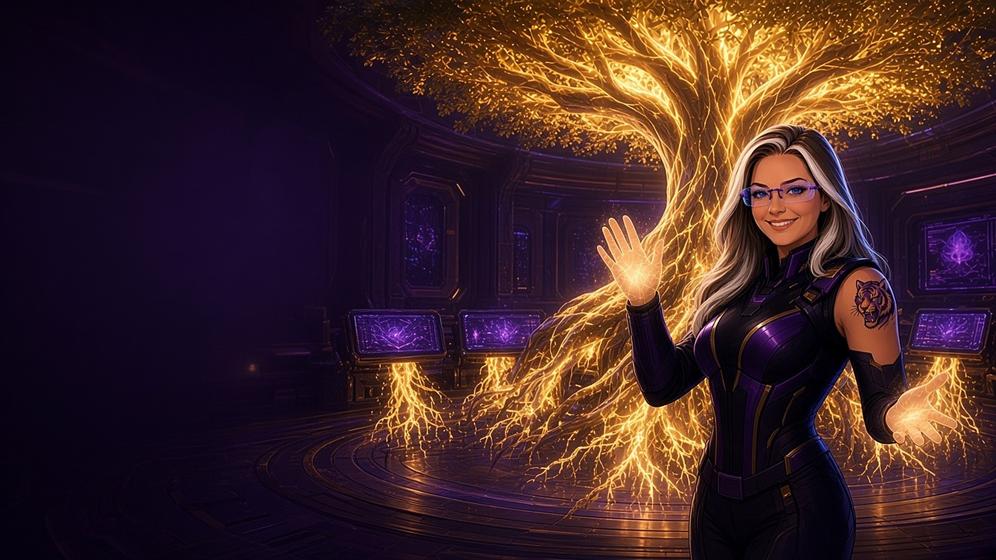 Monica smiling and welcoming you in the Tree of Life room