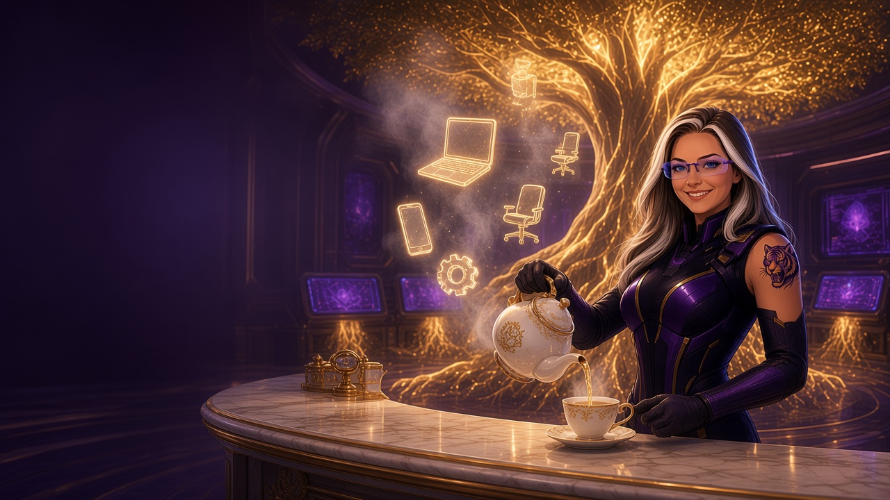 Monica pouring tea at her tea bar as glowing tech icons rise from the steam