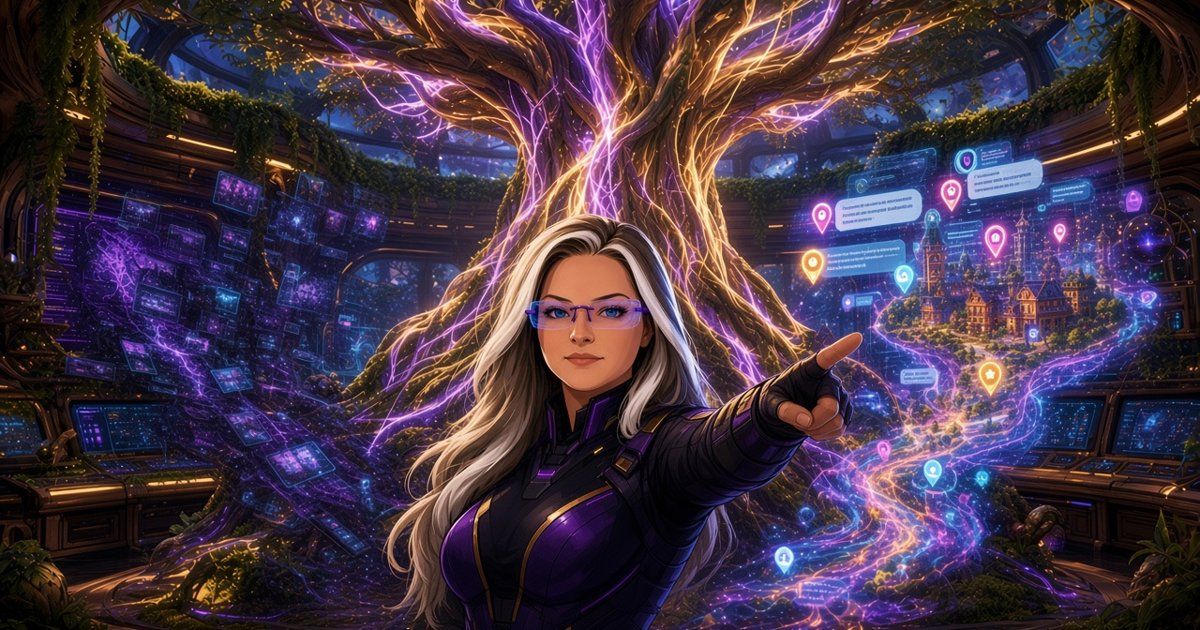 War Cat points toward a glowing map of a small town with location pins and chat bubbles, under a purple and gold Tree of Life.